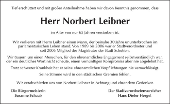 Traueranzeige von Norbert Leibner von  Kreisanzeiger