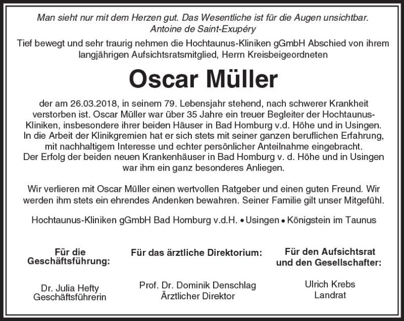  Traueranzeige für Oscar Müller vom 31.03.2018 aus  Usinger Anzeiger