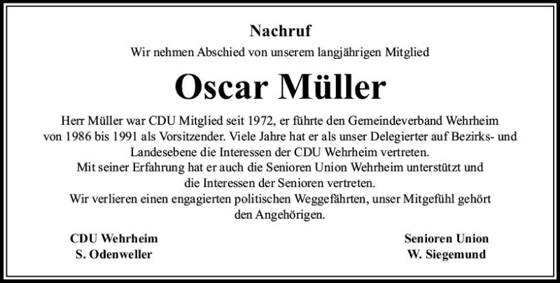  Traueranzeige für Oscar Müller vom 31.03.2018 aus  Usinger Anzeiger