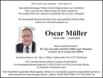 Traueranzeige von Oscar Müller von  Usinger Anzeiger