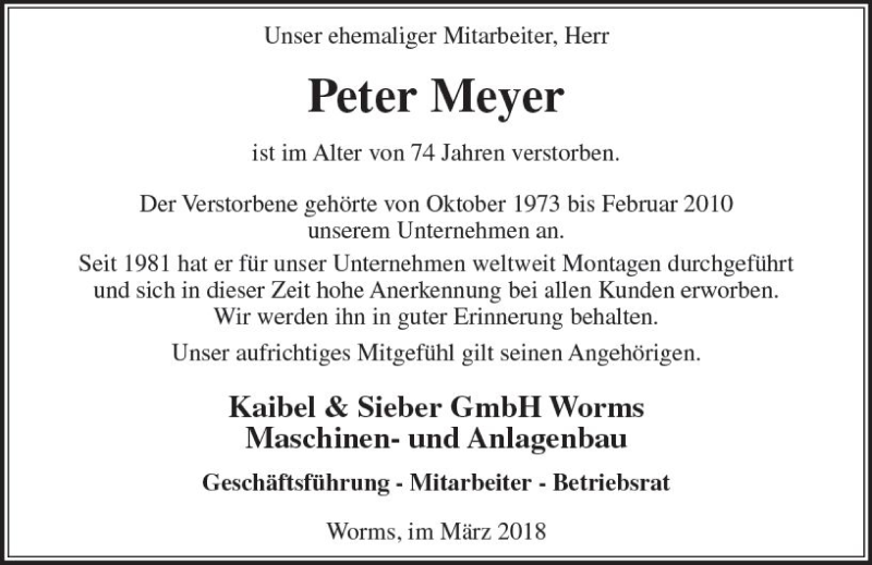  Traueranzeige für Peter Meyer vom 21.03.2018 aus Trauerportal Rhein Main Presse
