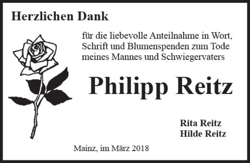  Traueranzeige für Philipp Reitz vom 17.03.2018 aus Trauerportal Rhein Main Presse