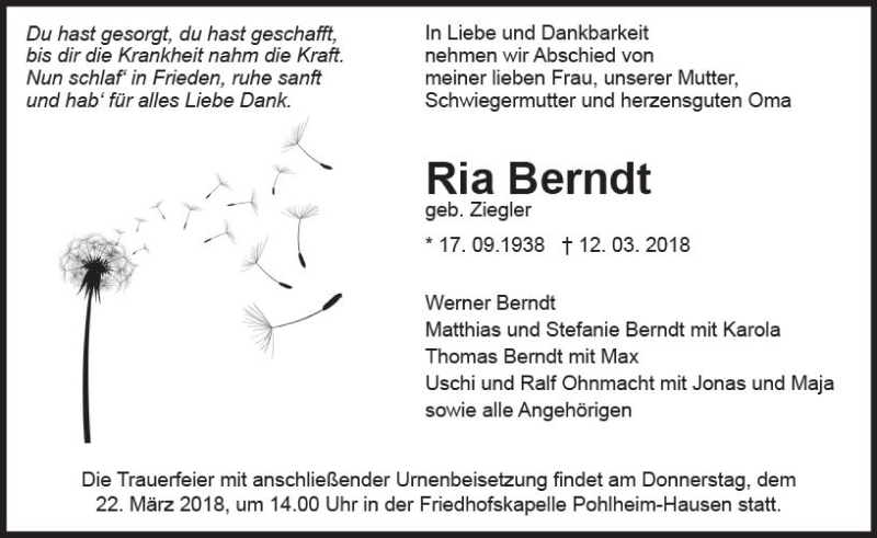  Traueranzeige für Ria Berndt vom 19.03.2018 aus  Gießener Anzeiger