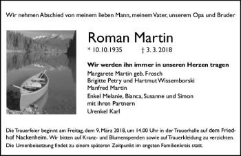 Traueranzeige von Roman Martin von Trauerportal Rhein Main Presse