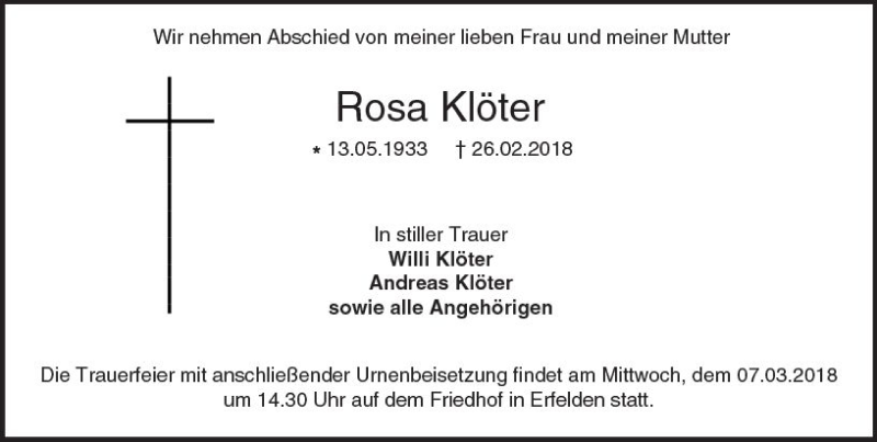  Traueranzeige für Rosa Klöter vom 03.03.2018 aus Trauerportal Rhein Main Presse