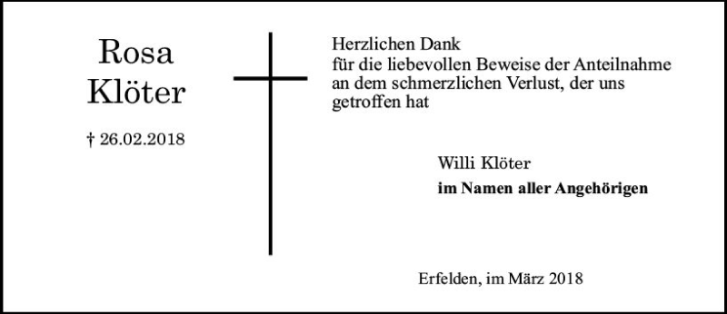  Traueranzeige für Rosa Klöter vom 17.03.2018 aus Trauerportal Rhein Main Presse
