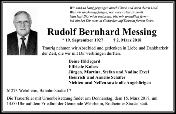 Traueranzeige von Rudolf Bernhard Messing von  Usinger Anzeiger