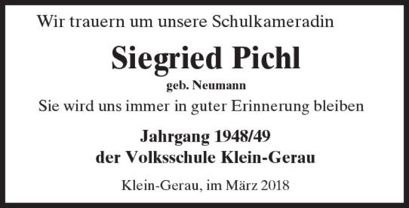  Traueranzeige für Siegried Pichl vom 29.03.2018 aus Trauerportal Rhein Main Presse