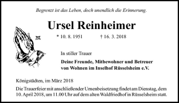 Traueranzeige von Ursel Reinheimer von Trauerportal Rhein Main Presse