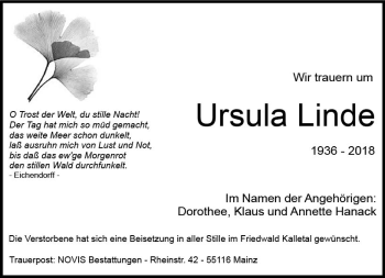 Traueranzeige von Ursula Linde von Trauerportal Rhein Main Presse