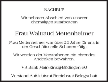 Traueranzeige von Waltraud Mettenheimer von  Kreisanzeiger