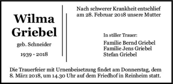 Traueranzeige von Wilma Griebel von Trauerportal Rhein Main Presse