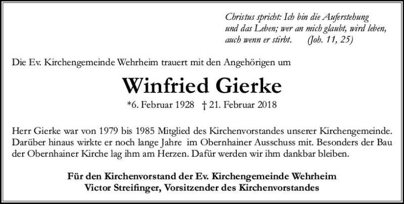  Traueranzeige für Winfried Gierke vom 02.03.2018 aus  Usinger Anzeiger