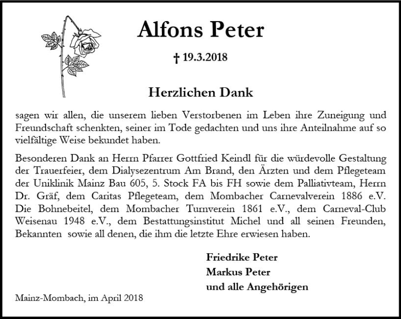  Traueranzeige für Alfons Peter vom 21.04.2018 aus Trauerportal Rhein Main Presse