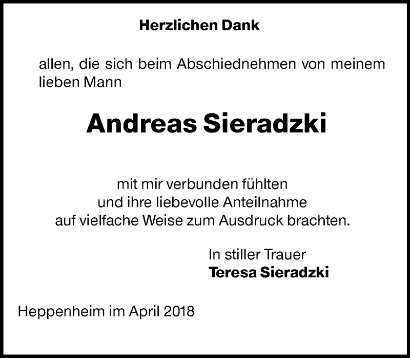  Traueranzeige für Andreas Sieradzki vom 21.04.2018 aus Trauerportal Rhein Main Presse