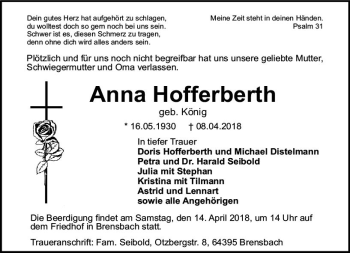 Traueranzeige von Anna Hofferberth von Trauerportal Rhein Main Presse