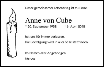 Traueranzeige von Anne  von Cube von  Usinger Anzeiger