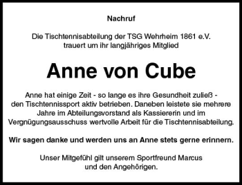 Traueranzeige von Anne  von Cube von  Usinger Anzeiger