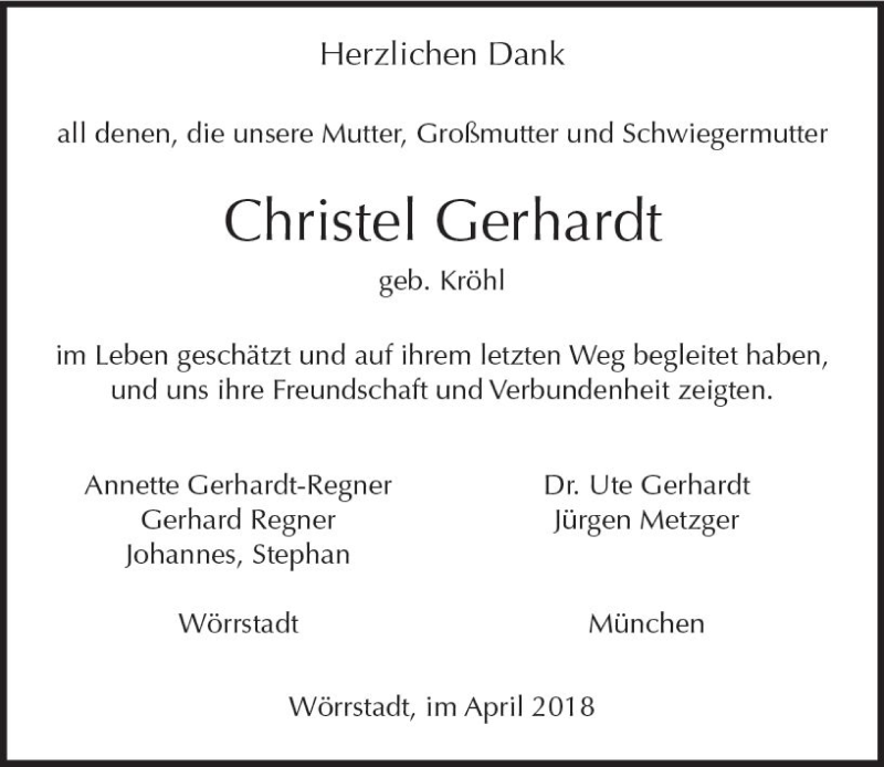  Traueranzeige für Christel Gerhardt vom 07.04.2018 aus Trauerportal Rhein Main Presse