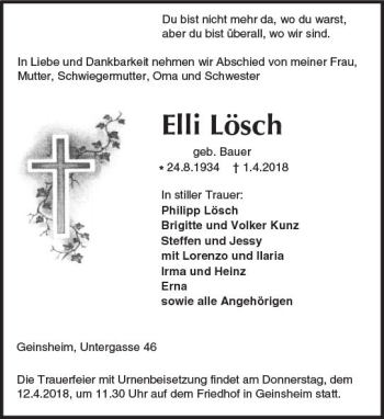 Traueranzeige von Elli Lösch von Trauerportal Rhein Main Presse
