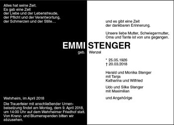 Traueranzeige von Emmi Stenger von  Usinger Anzeiger