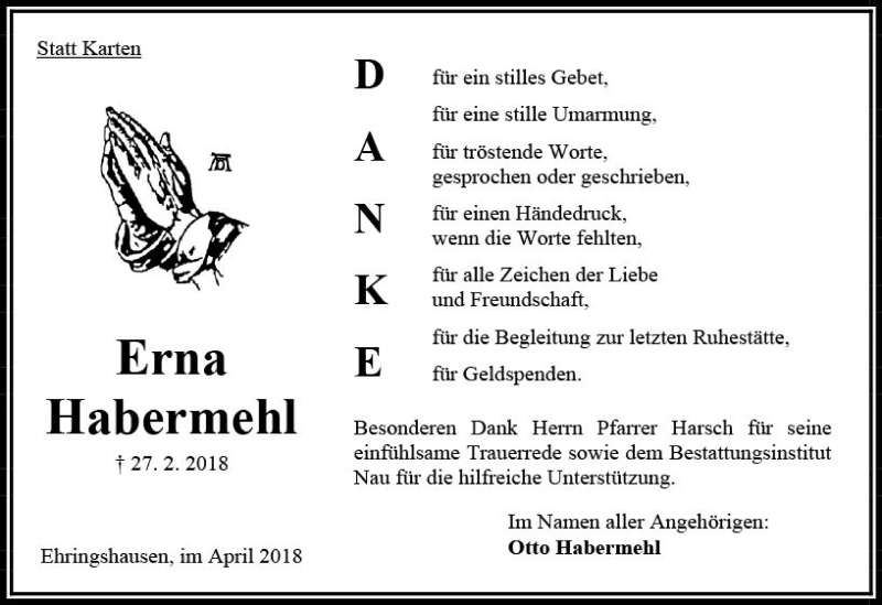  Traueranzeige für Erna Habermehl vom 14.04.2018 aus VRM Trauer