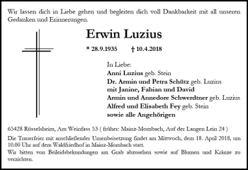 Traueranzeige von Erwin Luzius von Trauerportal Rhein Main Presse