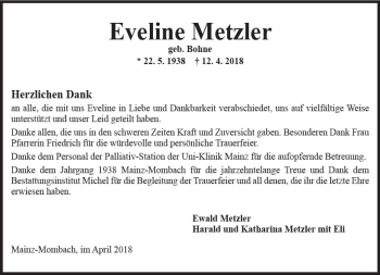 Traueranzeige von Eveline Metzler von Trauerportal Rhein Main Presse