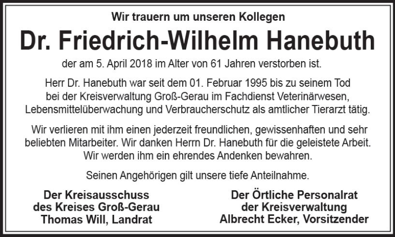  Traueranzeige für Friedrich-Wilhelm Hanebuth vom 11.04.2018 aus Trauerportal Rhein Main Presse