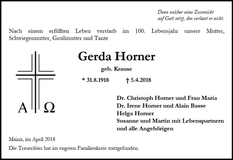  Traueranzeige für Gerda Horner vom 13.04.2018 aus Trauerportal Rhein Main Presse