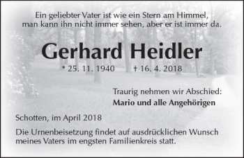 Traueranzeige von Gerhard Heidler von  Kreisanzeiger
