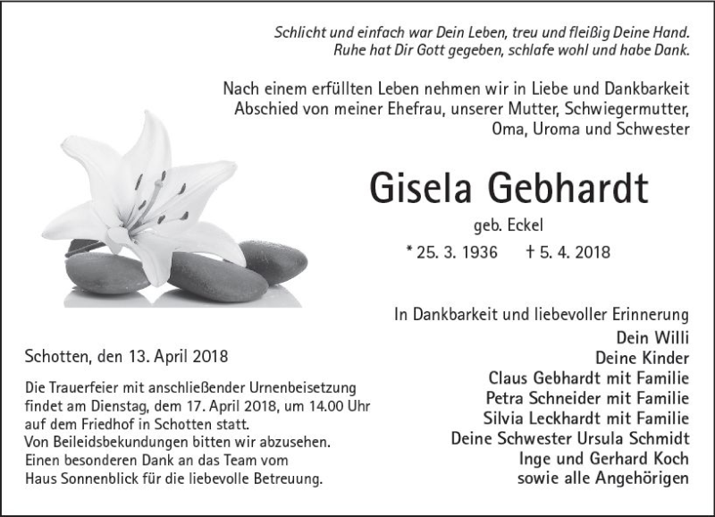  Traueranzeige für Gisela Gebhardt vom 13.04.2018 aus  Kreisanzeiger