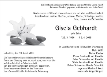 Traueranzeige von Gisela Gebhardt von  Kreisanzeiger