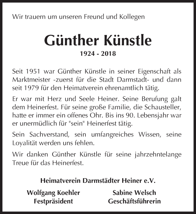  Traueranzeige für Günther Künstle vom 21.04.2018 aus Trauerportal Rhein Main Presse