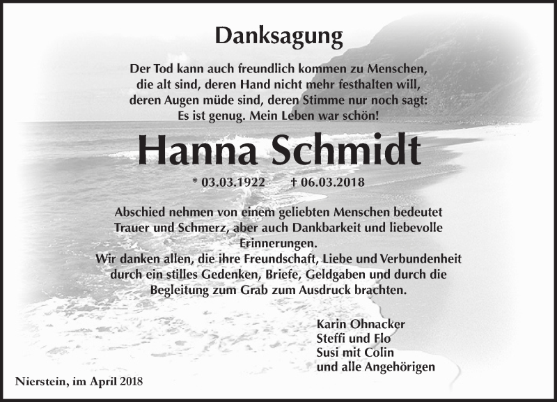  Traueranzeige für Hanna Schmidt vom 21.04.2018 aus Trauerportal Rhein Main Presse