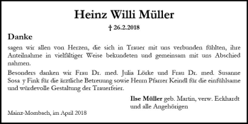 Traueranzeige von Heinz Willi Müller von Trauerportal Rhein Main Presse