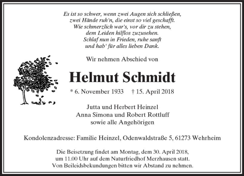  Traueranzeige für Helmut Schmidt vom 21.04.2018 aus  Usinger Anzeiger