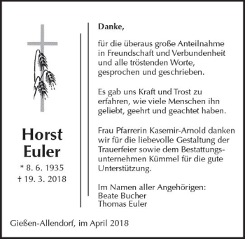 Traueranzeige von Horst Euler von  Gießener Anzeiger