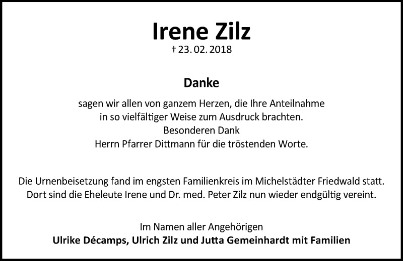  Traueranzeige für Irene Zilz vom 21.04.2018 aus Trauerportal Rhein Main Presse