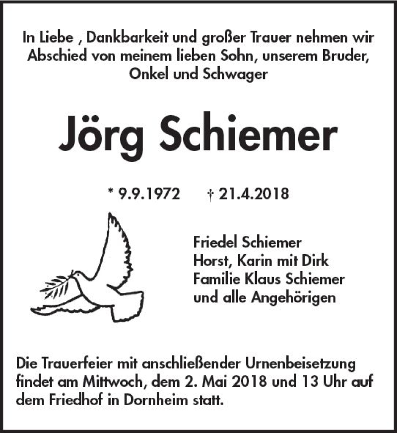  Traueranzeige für Jörg Schiemer vom 28.04.2018 aus Trauerportal Rhein Main Presse