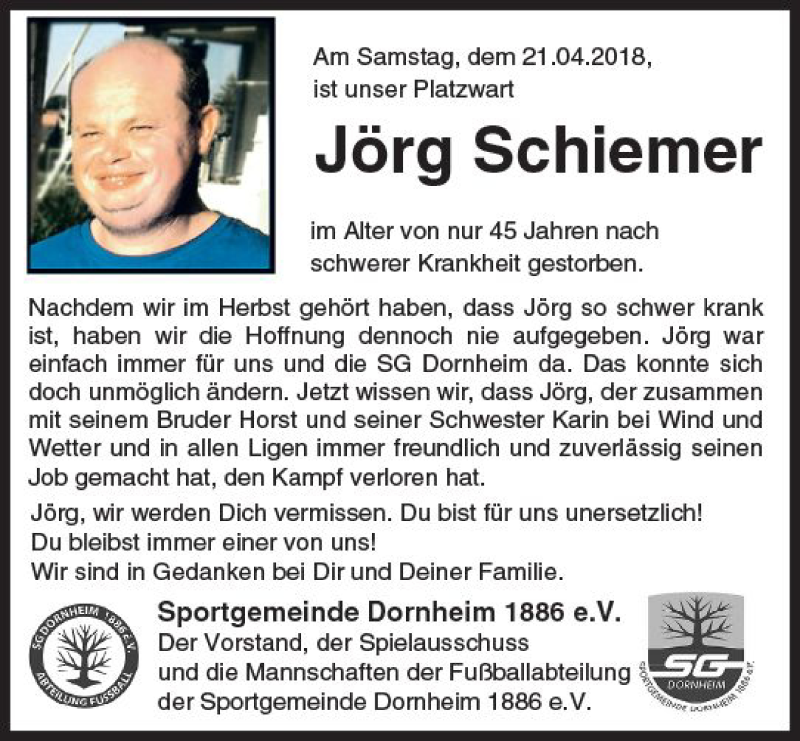  Traueranzeige für Jörg Schiemer vom 28.04.2018 aus Trauerportal Rhein Main Presse