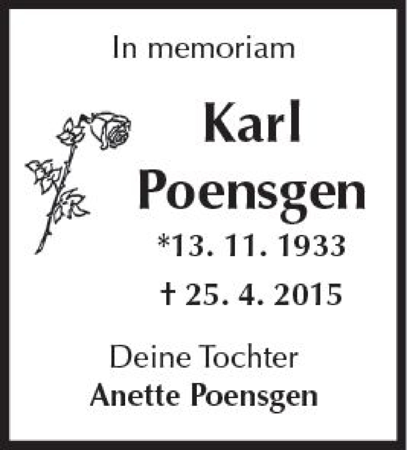  Traueranzeige für Karl Poensgen vom 25.04.2018 aus  Kreisanzeiger