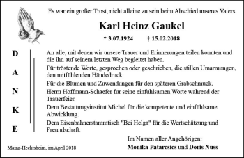 Traueranzeige von Karl Heinz Gaukel von Trauerportal Rhein Main Presse