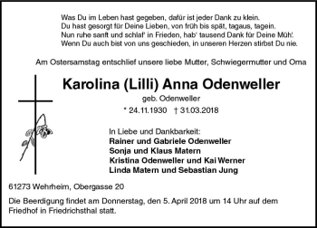 Traueranzeige von Karolina Anna Odenweller von  Usinger Anzeiger
