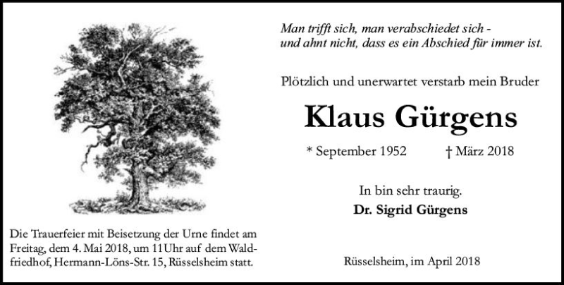  Traueranzeige für Klaus Gürgens vom 28.04.2018 aus Trauerportal Rhein Main Presse
