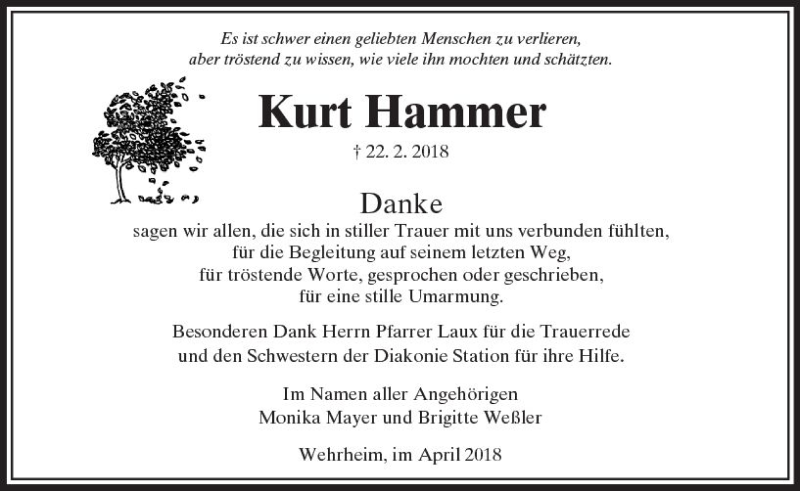  Traueranzeige für Kurt Hammer vom 14.04.2018 aus  Usinger Anzeiger