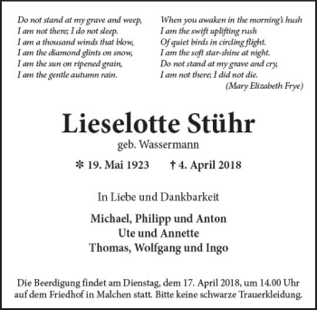 Traueranzeige von Lieselotte Stühr von Trauerportal Rhein Main Presse