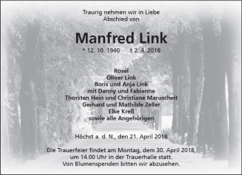 Traueranzeige von Manfred Link von  Kreisanzeiger
