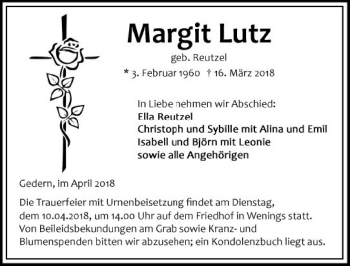 Traueranzeige von Margit Lutz von  Kreisanzeiger