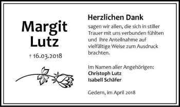 Traueranzeige von Margit Lutz von  Kreisanzeiger